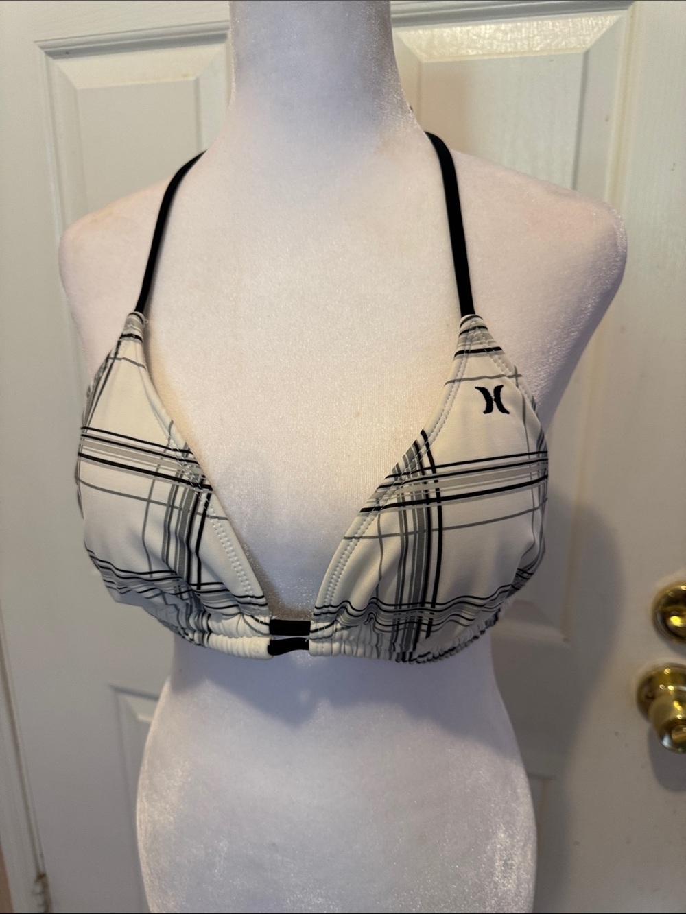 Hurley Black & White Plaid Triangle Bikini Top
